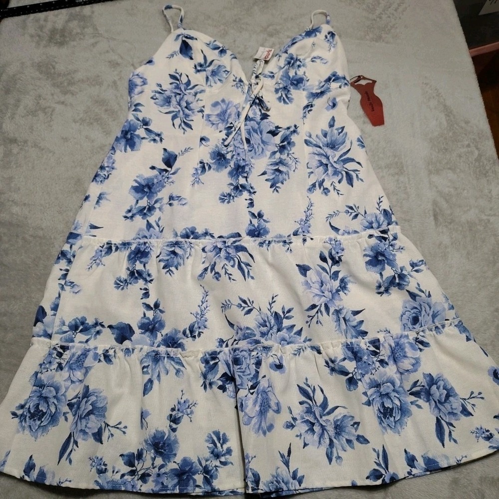 Haute Monde Sundress Ladies L Blue Floral Spaghetti Strap Beach Vacation Flowy